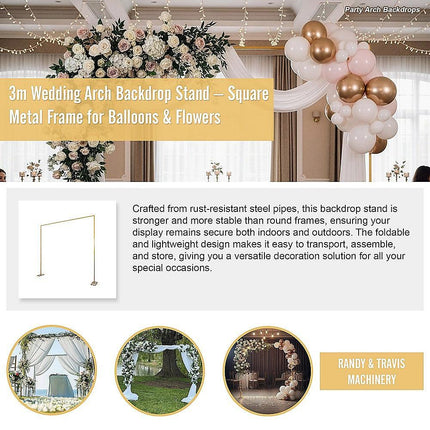 3m Wedding Arch Backdrop Stand – Square Metal Frame for Balloons & Flowers.