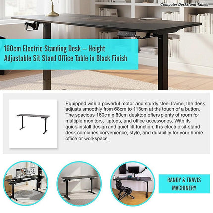 160cm Electric Standing Desk – Height Adjustable Sit Stand Office Table in Black.