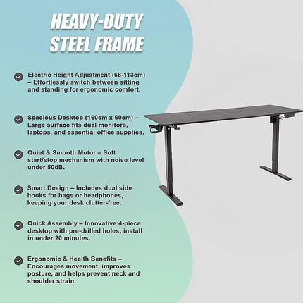 160cm Electric Standing Desk – Height Adjustable Sit Stand Office Table in Black.