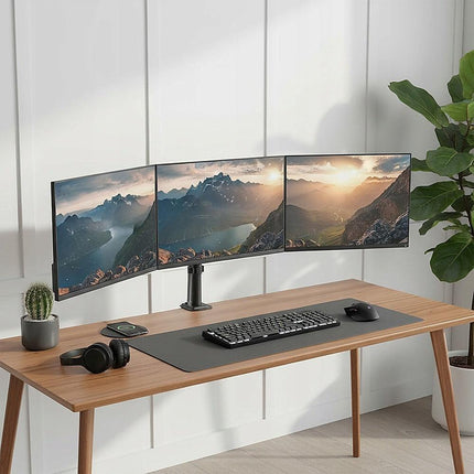 Triple Monitor Mount Stand – Desk Clamp with 3 Adjustable Arms for Multi-Screen Setup.
