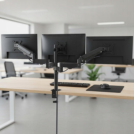 Triple Monitor Mount Stand – Desk Clamp with 3 Adjustable Arms for Multi-Screen Setup.