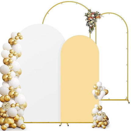 Arch Backdrop Stand with White & Yellow Cover Set for Weddings Events.
