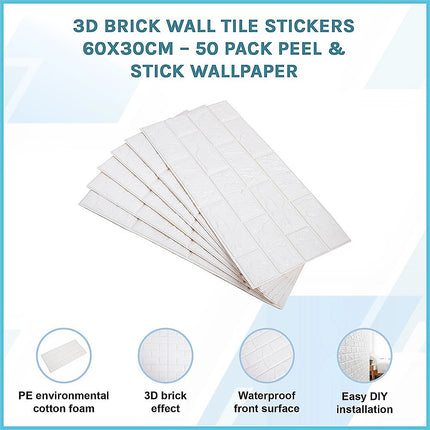 3D Brick Wall Tile Stickers 60x30cm – 50 Pack Peel & Stick Wallpaper.