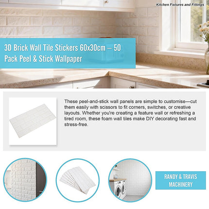 3D Brick Wall Tile Stickers 60x30cm – 50 Pack Peel & Stick Wallpaper.