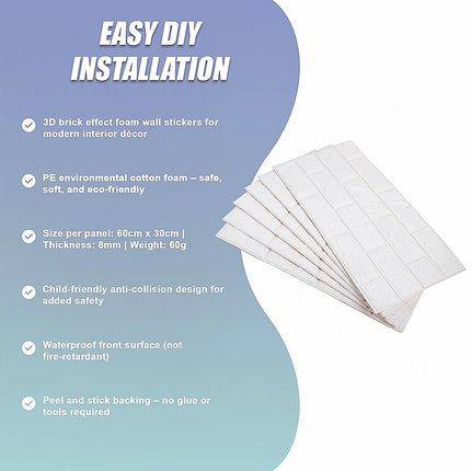 3D Brick Wall Tile Stickers 60x30cm – 50 Pack Peel & Stick Wallpaper.