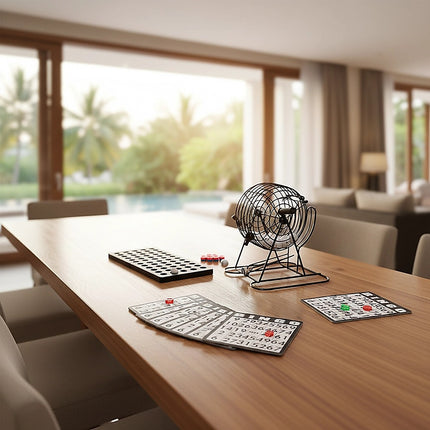 Bingo Game Set with Cards Balls and Cage for Family Party Fun.