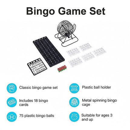 Bingo Game Set with Cards Balls and Cage for Family Party Fun.