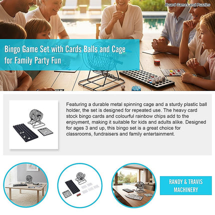 Bingo Game Set with Cards Balls and Cage for Family Party Fun.