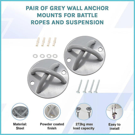 Pair of Grey Wall Anchor Mounts for Battle Ropes and Suspension.