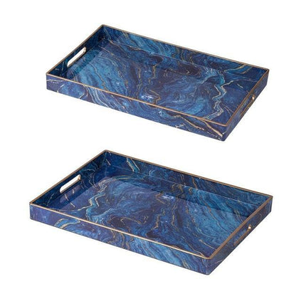Set 2 Marble Patterned Blue Rectangular Trays 48cm.