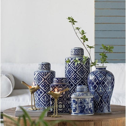 Valora Blue & White Cylinder Jar 35cm.