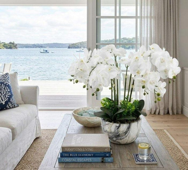 Large White Orchid In Marble Look Pot 64cm.