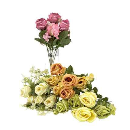 bulk 36 Artificial Close Head Roses 6 Heads Assorted 28cm.
