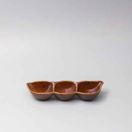 Edamame Triple Pod Dish 20cm Chestnut Brown Glaze.