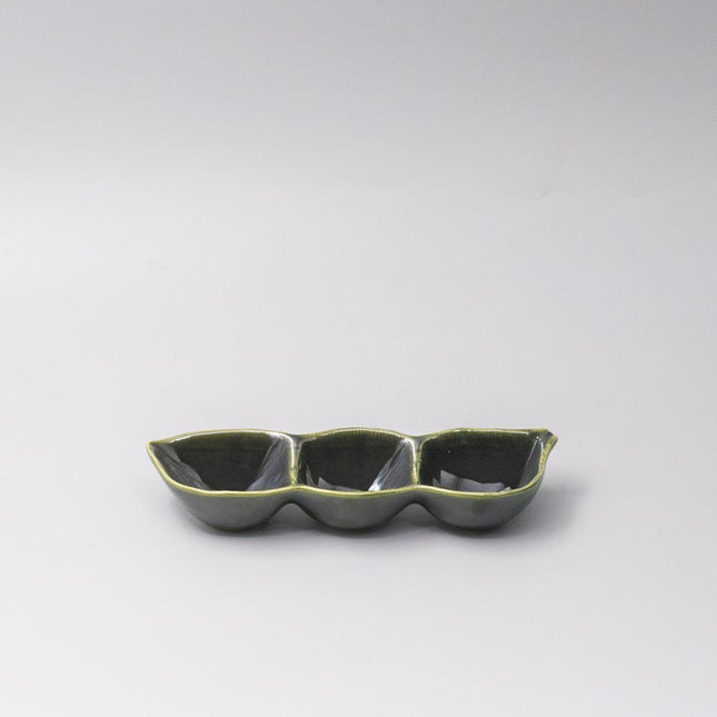 Edamame Triple Pod Dish 20cm Oribe Green Glaze.