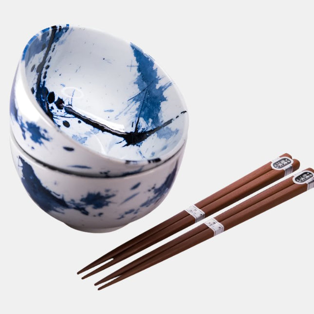 Bowl Set 2pcs with Chopsticks Blue White Splash Design.