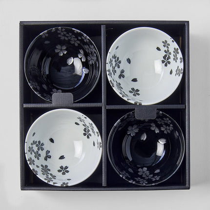 Bowl Set 4pcs Black White Sakura Design.