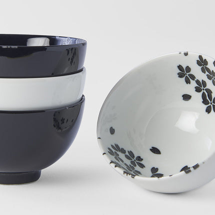 Bowl Set 4pcs Black White Sakura Design.