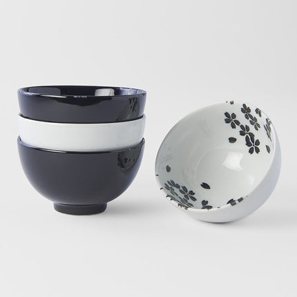 Bowl Set 4pcs Black White Sakura Design.
