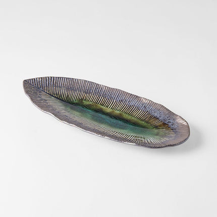 Plate Leaf Shape 32.5x13.5cm Midori Ridge Glaze.