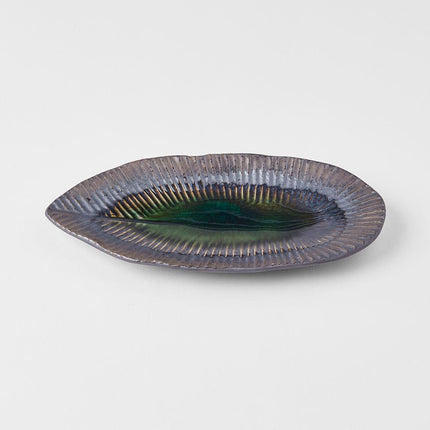Plate Leaf Shape 21.5x10.5cm Midori Ridge Glaze.