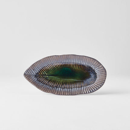 Plate Leaf Shape 21.5x10.5cm Midori Ridge Glaze.
