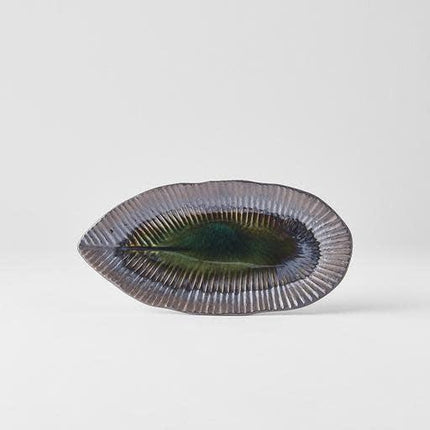 Plate Leaf Shape 21.5x10.5cm Midori Ridge Glaze.