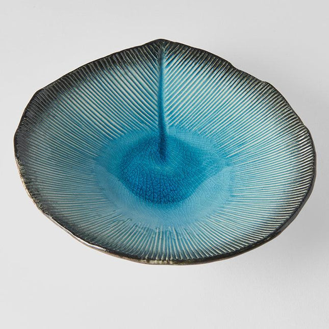 Bowl Shallow Leaf Shape 25cm Sky Blue Glaze.