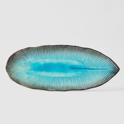 Plate Leaf Shape 32.5x13.5cm Sky Blue Glaze.