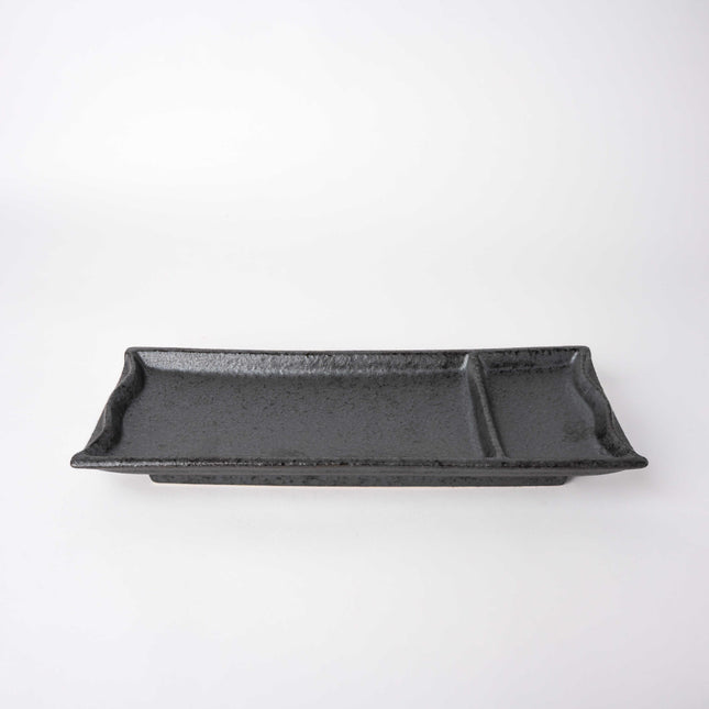 Sashimi Plate Inbuilt Sauce Dish 25cm Black Bamboo Glaze.