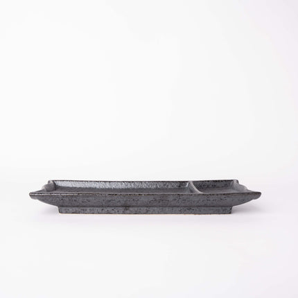Sashimi Plate Inbuilt Sauce Dish 25cm Black Bamboo Glaze.