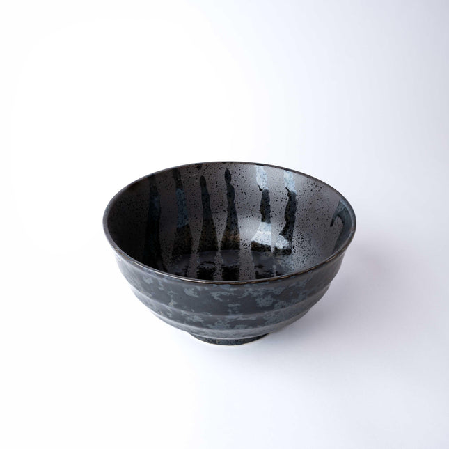 Udon Bowl Fluted 17cm Gloss Black Stripes On Gunmetal Glaze.