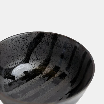 Udon Bowl Fluted 17cm Gloss Black Stripes On Gunmetal Glaze.
