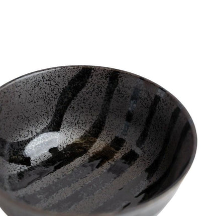 Udon Bowl Fluted 17cm Gloss Black Stripes On Gunmetal Glaze.
