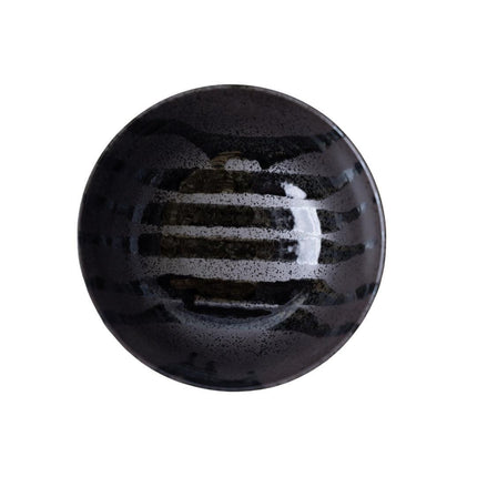 Udon Bowl Fluted 17cm Gloss Black Stripes On Gunmetal Glaze.