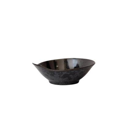 Bowl with Handle 13cm Black Stripes On Gunmetal Glaze.