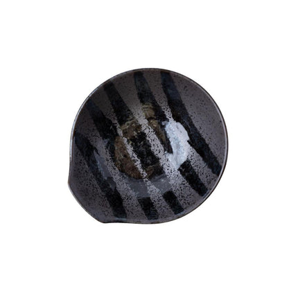 Bowl with Handle 13cm Black Stripes On Gunmetal Glaze.