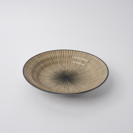 Bowl Shallow Flat Based 20cm Green Converging Line Glaze.