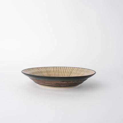 Bowl Shallow Flat Based 20cm Green Converging Line Glaze.