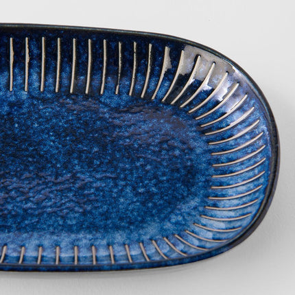 Plate Oval 19cm Ridged Indigo Glaze.