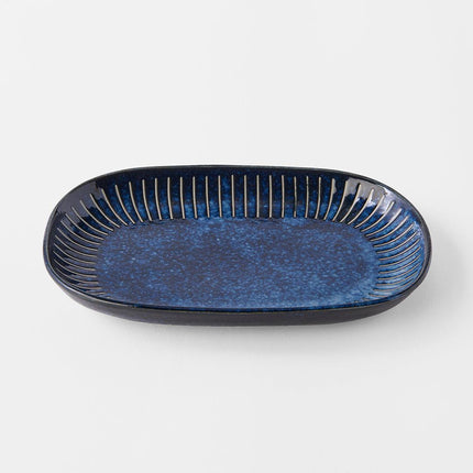 Plate Oval 19cm Ridged Indigo Glaze.