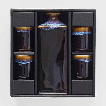 Sake Set 5pcs Tenmokku With Bright Blue Glaze.