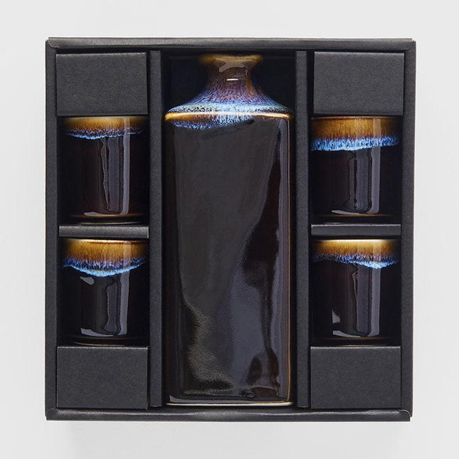 Sake Set 5pcs Tenmokku With Bright Blue Glaze.