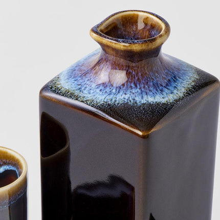 Sake Set 5pcs Tenmokku With Bright Blue Glaze.
