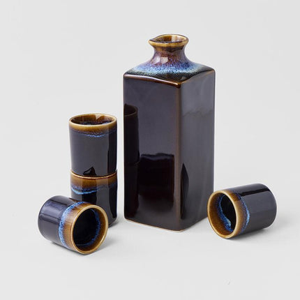 Sake Set 5pcs Tenmokku With Bright Blue Glaze.