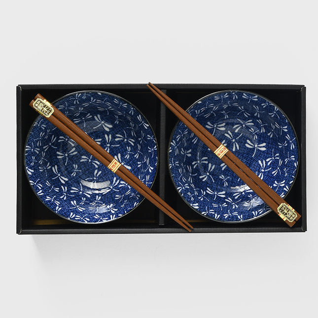 Bowl Set 2pcs with Chopsticks Indigo Dragonfly Design.