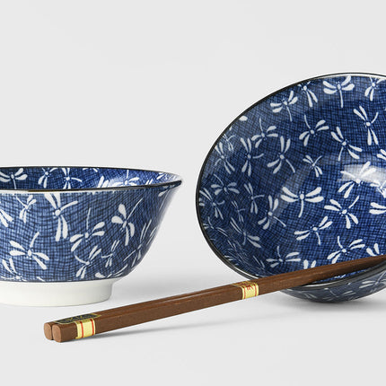 Bowl Set 2pcs with Chopsticks Indigo Dragonfly Design.