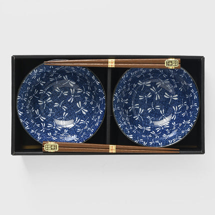 Bowl Set 2pcs with Chopsticks Indigo Dragonfly Design.