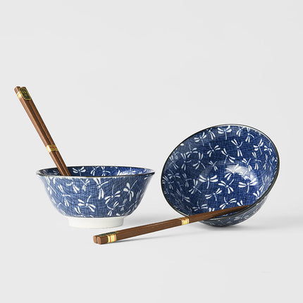 Bowl Set 2pcs with Chopsticks Indigo Dragonfly Design.