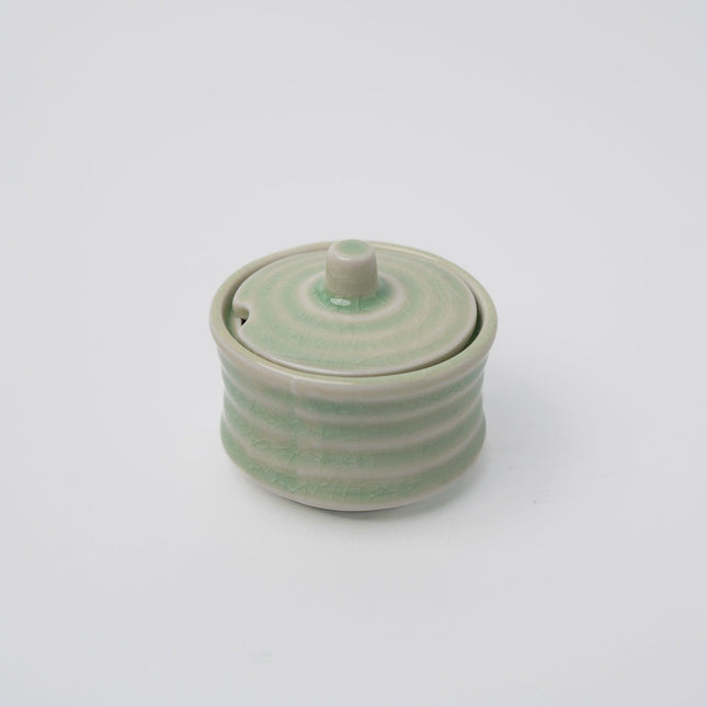 Sugar Pot 5.3cm Ribbed Celadon Glaze.
